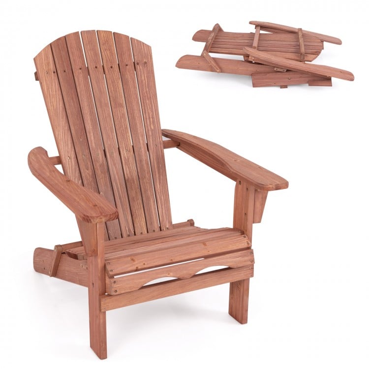 Folding Adirondack chair in brown with high backrest and wide armrests, perfect for lawn or poolside relaxation.