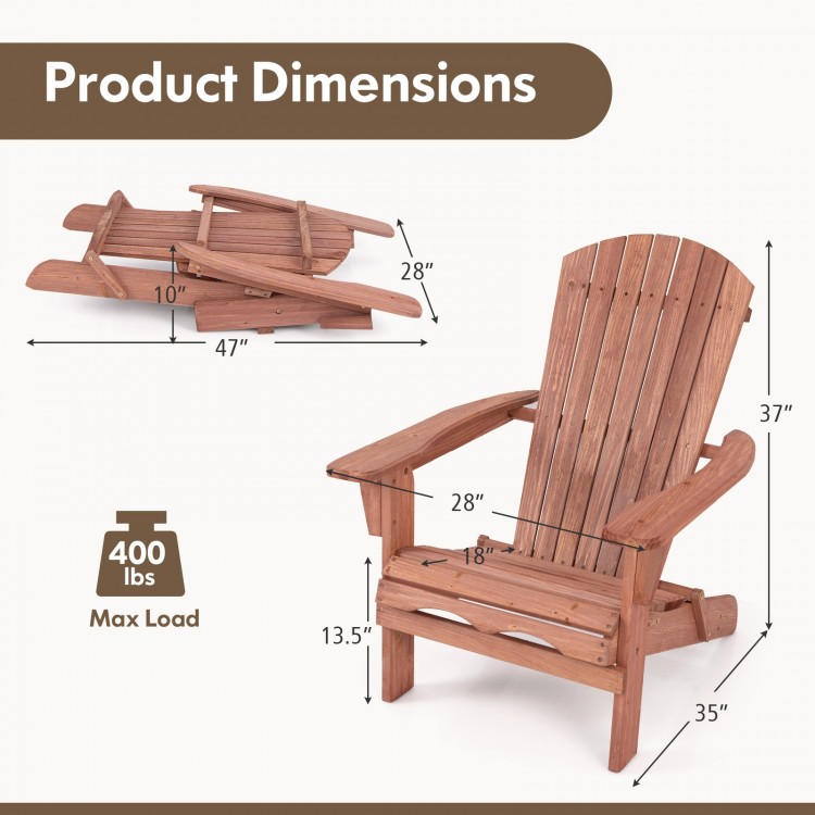 Folding Adirondack chair dimensions shown, made of fir wood with a protective finish, ideal for backyard relaxation.