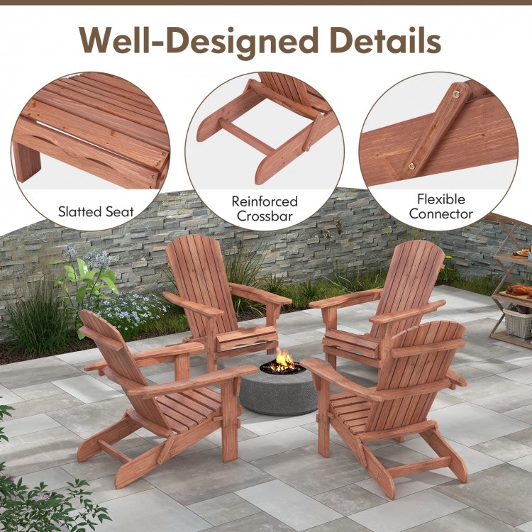 Folding Adirondack chair in brown with slatted seat, high backrest, and wide armrests, perfect for backyard relaxation.