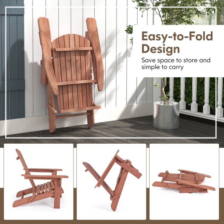 Folding Adirondack chair in brown with high backrest and wide armrests, perfect for backyard or poolside relaxation.