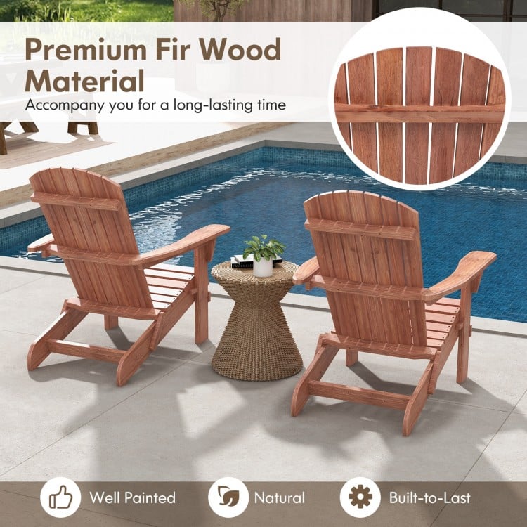 Folding Adirondack chair made of premium fir wood with wide armrests, ideal for backyard and poolside relaxation.