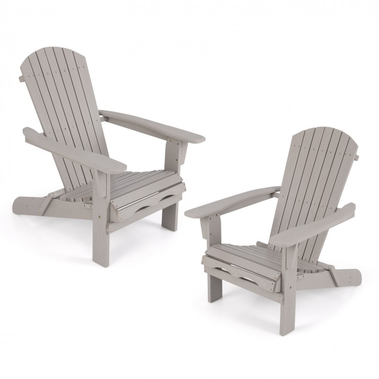 Folding Adirondack chair set of 2 in gray, featuring high backrests and wide armrests, perfect for backyard relaxation.