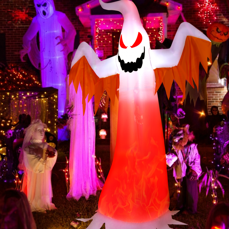 8-foot Halloween inflatable ghost with rotatable flame LED lights, made of waterproof polyester for outdoor decoration.