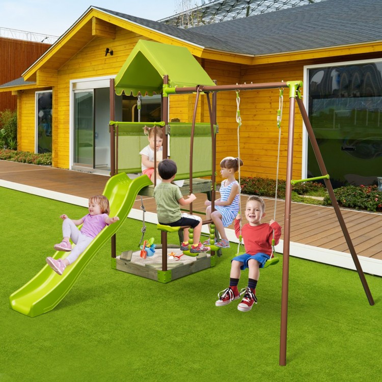 Kids enjoying the 7-in-1 outdoor metal playset with slide, swings, and climbing rope in a vibrant green color.