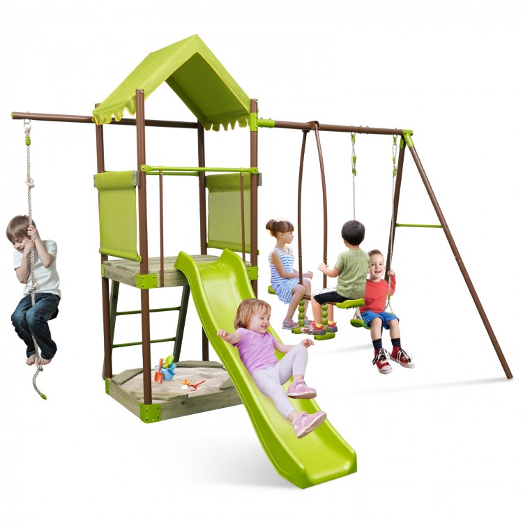 Kids outdoor metal playset with green wave slide, swings, climbing rope, and safety features for interactive playtime.