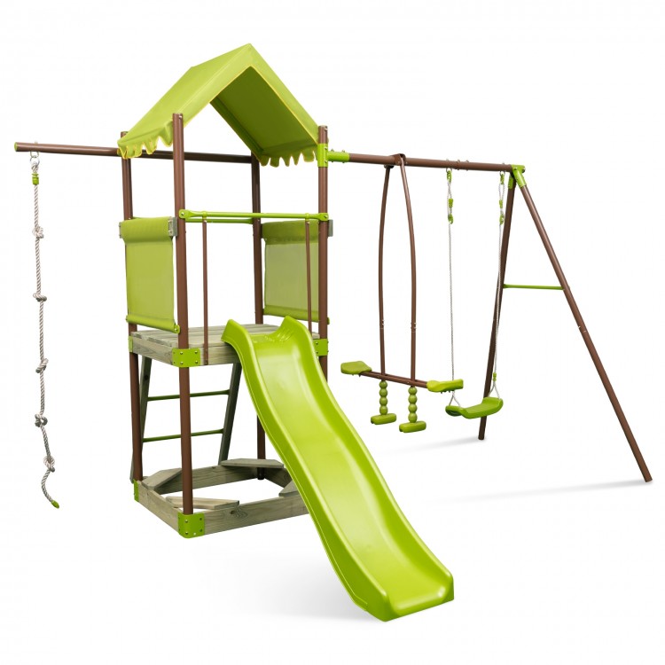 Kids outdoor metal playset in green featuring a wave slide, adjustable swing, climbing rope, and safety nets for fun.