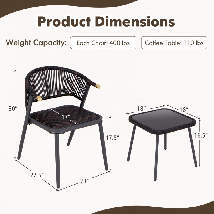 Dimensions of the 3 Pieces Patio Rattan Furniture Set, featuring a brown and black design, suitable for poolside use.