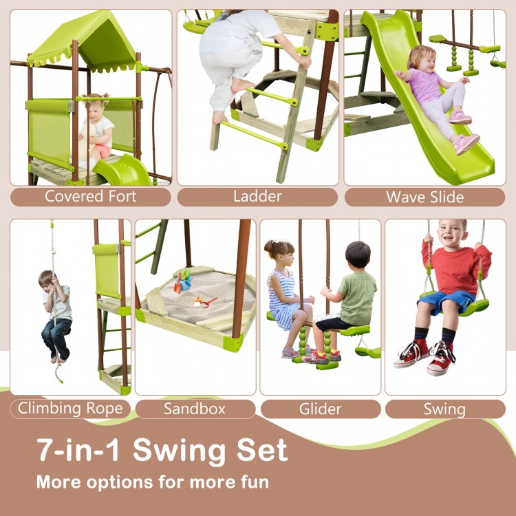 7-in-1 kids outdoor playset featuring a green wave slide, climbing rope, and safety fort for interactive fun.