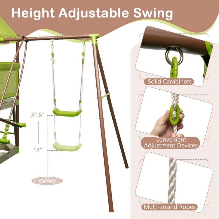 Height adjustable swing seat with solid carabiners for the 7-in-1 kids outdoor playset, designed for safety and fun.