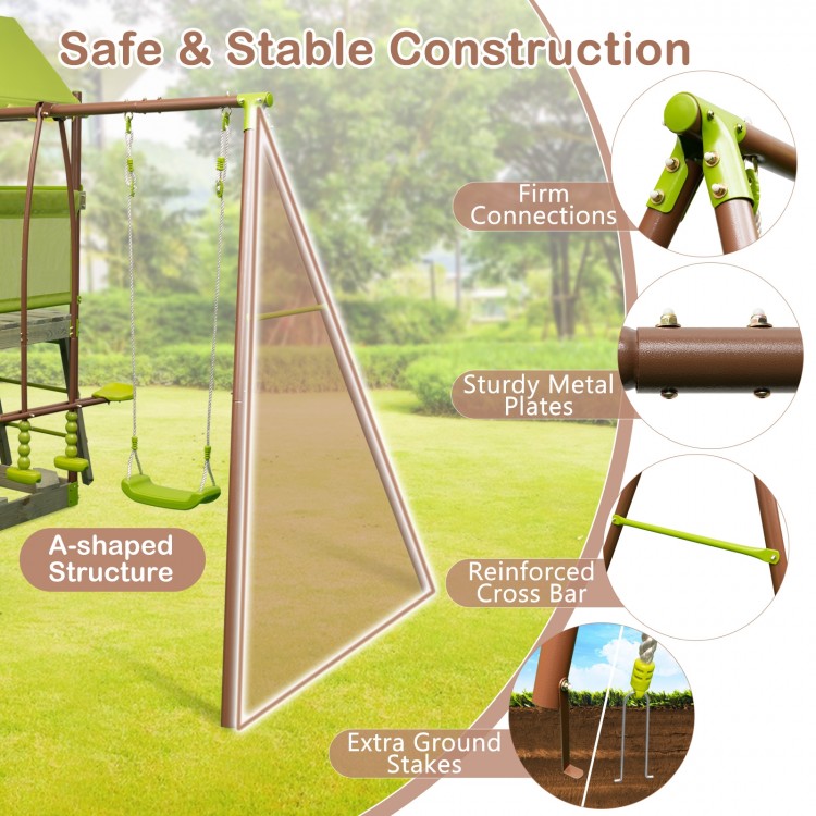 A-shaped structure of the 7-in-1 kids outdoor metal playset with sturdy metal plates for enhanced stability and safety.
