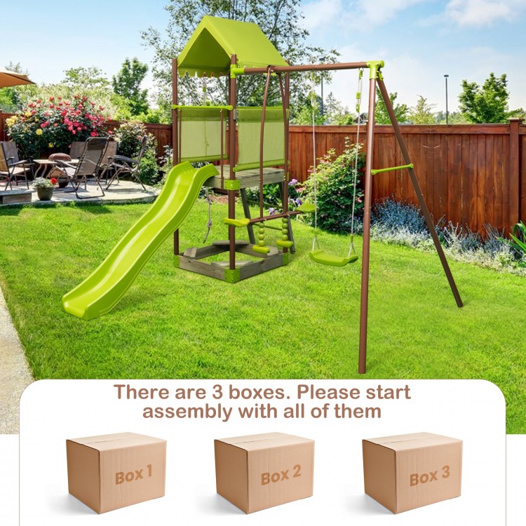Kids outdoor metal playset in green with wave slide, climbing rope, and adjustable swing for active playtime.