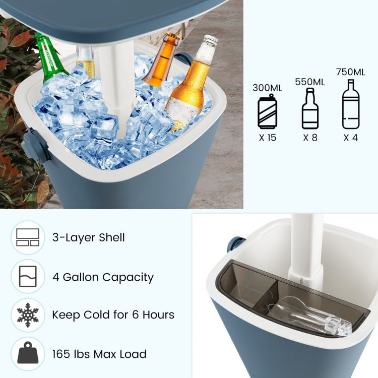 Portable blue cooler bar table with 4-gallon capacity, bottle opener, and ice storage for camping and poolside use.