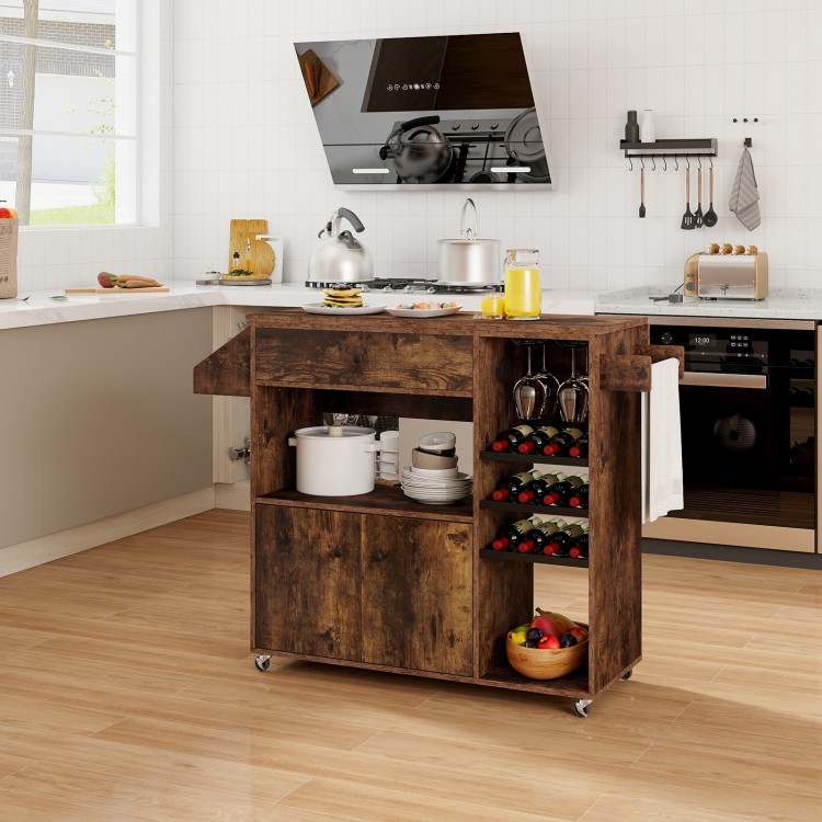 Drop leaf mobile kitchen island cart in rustic brown with adjustable shelf, wine racks, and power outlet for versatile.