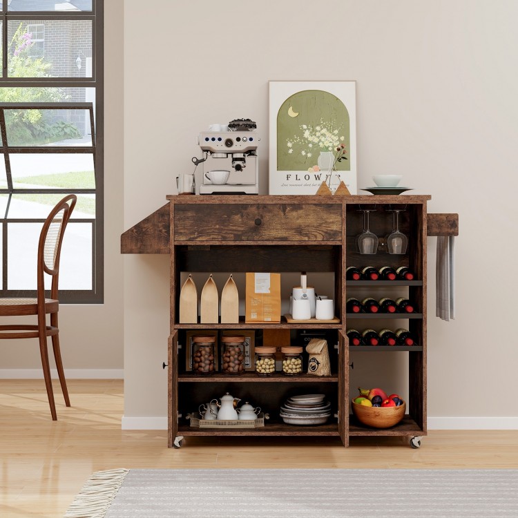 Drop leaf mobile kitchen island cart in rustic brown with adjustable shelves, wine racks, and power outlet for.