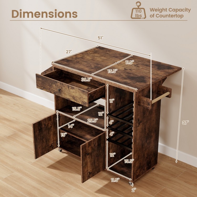 Dimensions of the Drop Leaf Mobile Kitchen Island Cart in Rustic Brown, featuring adjustable shelves and wine racks.