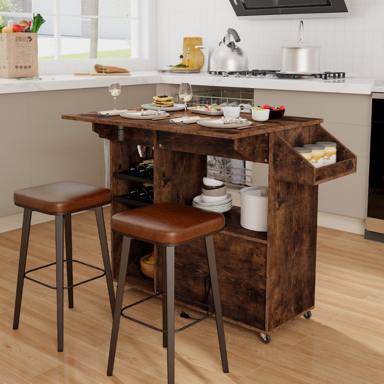 Drop leaf mobile kitchen island cart in rustic brown with adjustable shelf, power outlet, and wine racks for versatile.