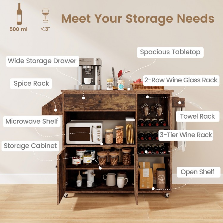 Drop leaf mobile kitchen island cart in rustic brown with spacious tabletop, wine racks, and adjustable shelves for.