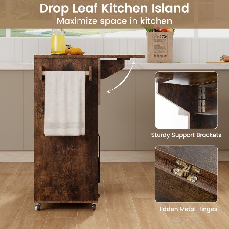 Drop leaf kitchen island cart in rustic brown with power outlet, adjustable shelf, and towel rack for versatile kitchen.
