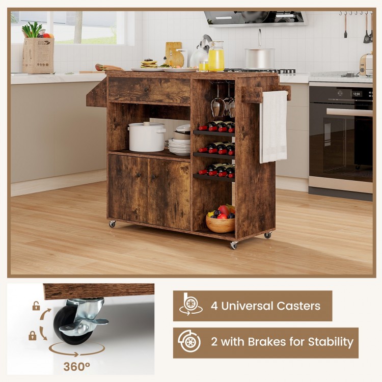 Drop leaf mobile kitchen island cart in rustic brown with adjustable shelf, wine racks, and 4 universal casters for.