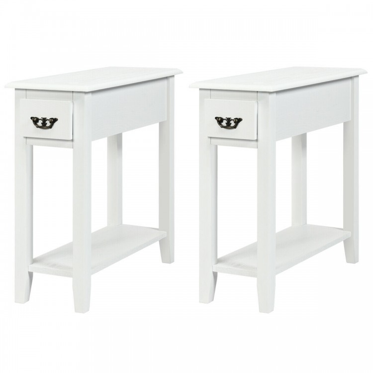 Set of two white 2-tier end tables with drawer and open shelf, perfect for narrow spaces in living room or bedroom.