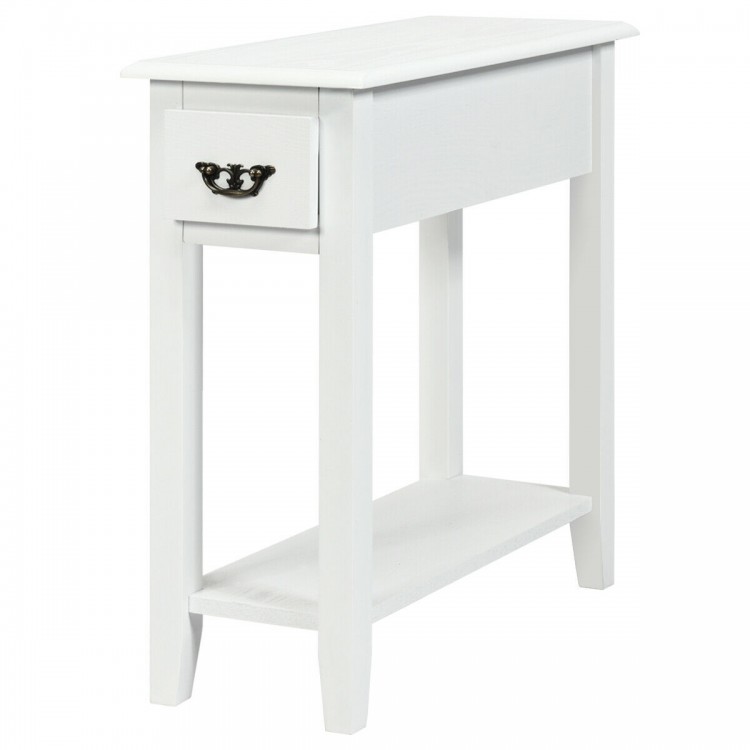 White 2-tier end table with drawer and open shelf, perfect for narrow spaces in living room or bedroom.
