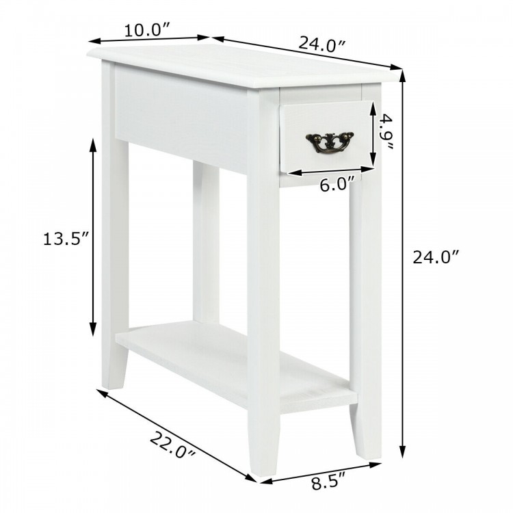 White 2-tier end table with drawer and open shelf, ideal for narrow spaces in living room or bedroom.