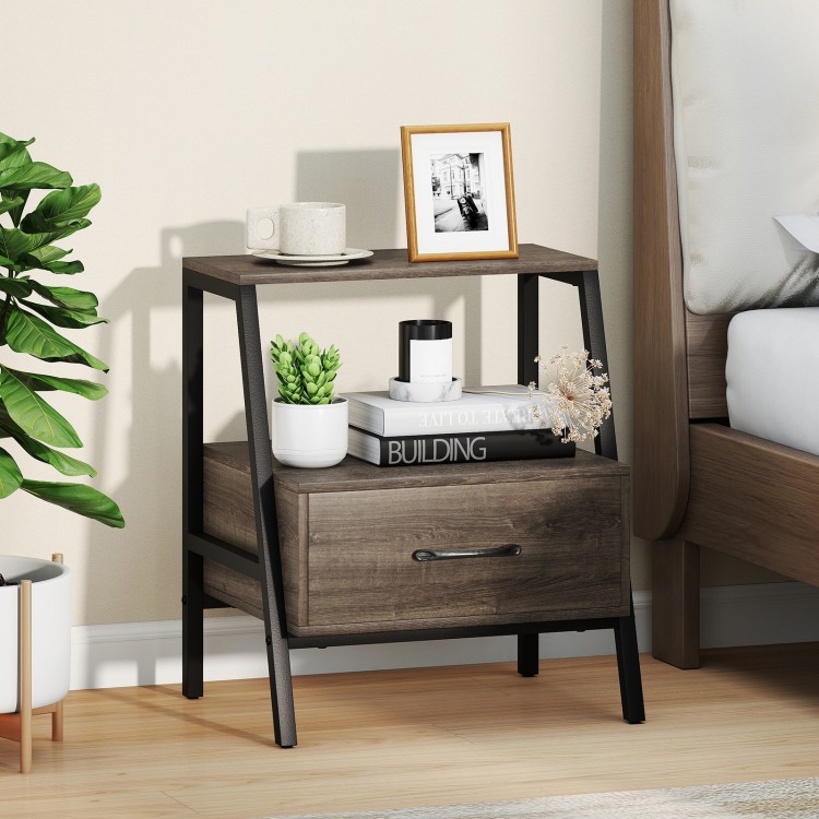 3-Tier farmhouse nightstand with open shelf and drawer, featuring a sturdy metal frame for bedroom or living room use.
