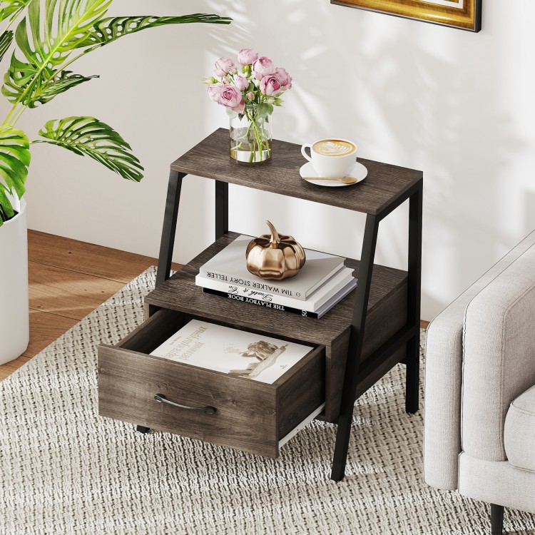3-tier farmhouse nightstand with open shelf, drawer, and sturdy metal frame for versatile storage in any room.