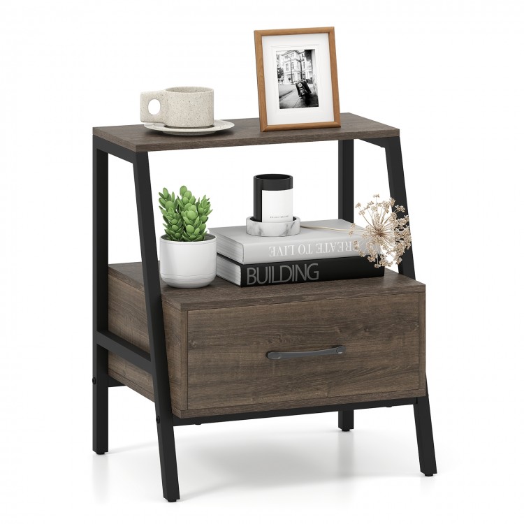 3-tier farmhouse nightstand with open shelf, sturdy metal frame, and convenient drawer for bedroom or living room use.