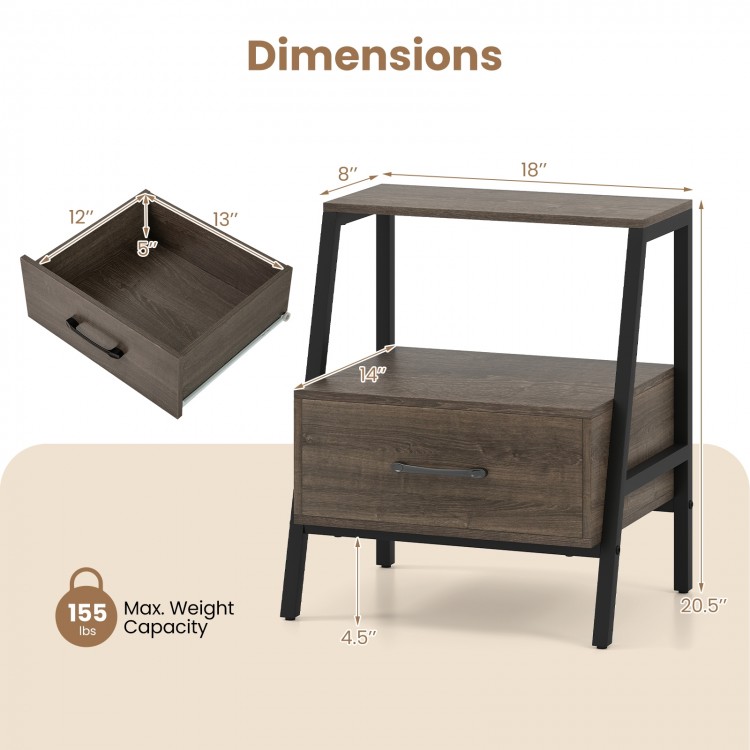 3-Tier farmhouse nightstand dimensions showing top shelf, drawer, and sturdy metal frame for versatile home storage.