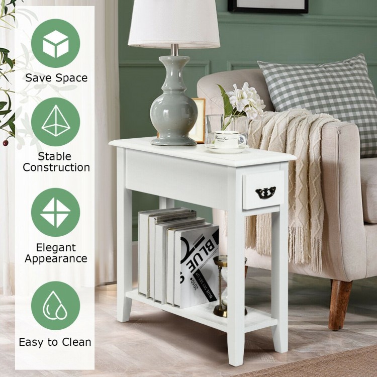 Elegant white end table with a spacious tabletop and lower open shelf, ideal for stylish storage in any interior space.