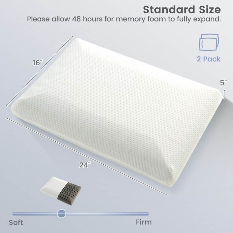 Standard size bamboo charcoal memory foam pillow set, 16"x24", designed for pain relief and ideal support for all.