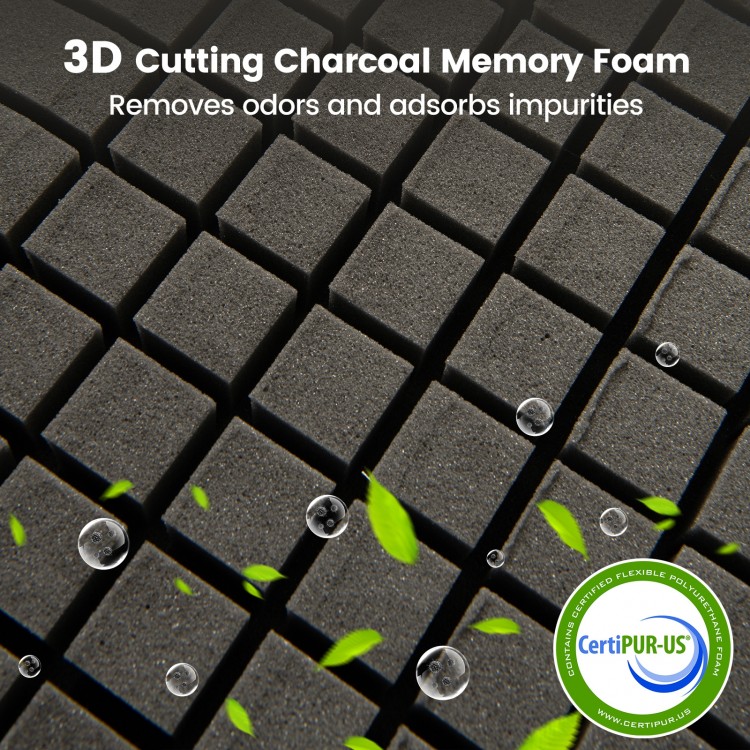Close-up of 3D-cut bamboo charcoal memory foam pillow, promoting ventilation and odor control for comfortable sleep.