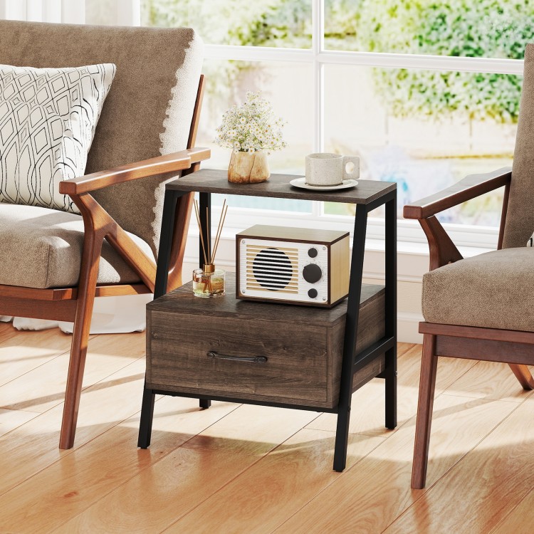 3-tier farmhouse nightstand with open shelf, sturdy metal frame, and convenient drawer for living room or bedroom use.