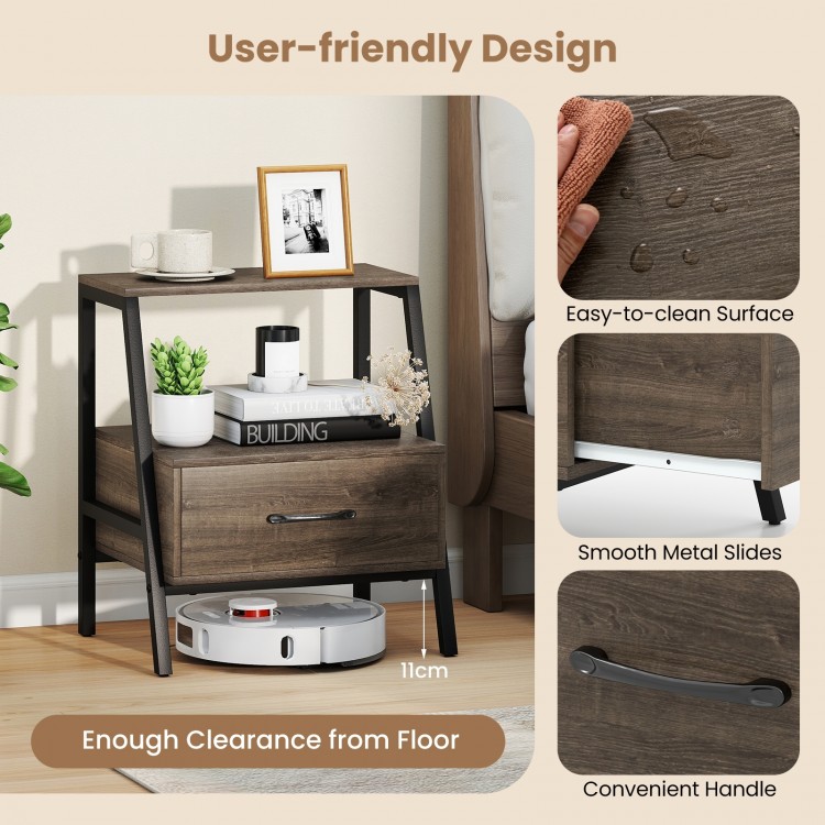 3-tier farmhouse nightstand with open shelf, convenient drawer, and easy-to-clean surface for bedroom or living room.