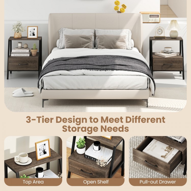 3-Tier farmhouse nightstand featuring an open shelf, pull-out drawer, and sturdy metal frame for versatile storage.