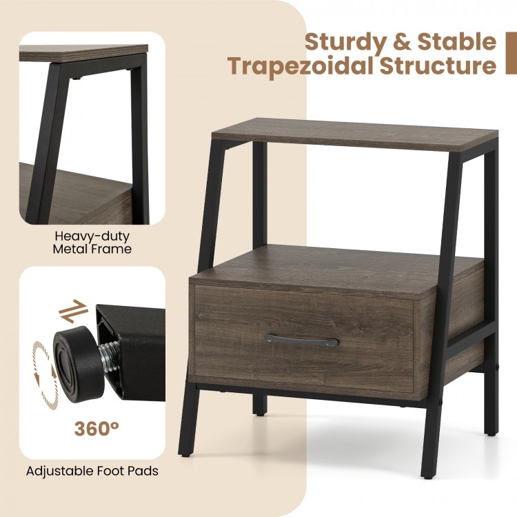 3-tier farmhouse nightstand with open shelf, heavy-duty metal frame, and adjustable foot pads for stability and storage.