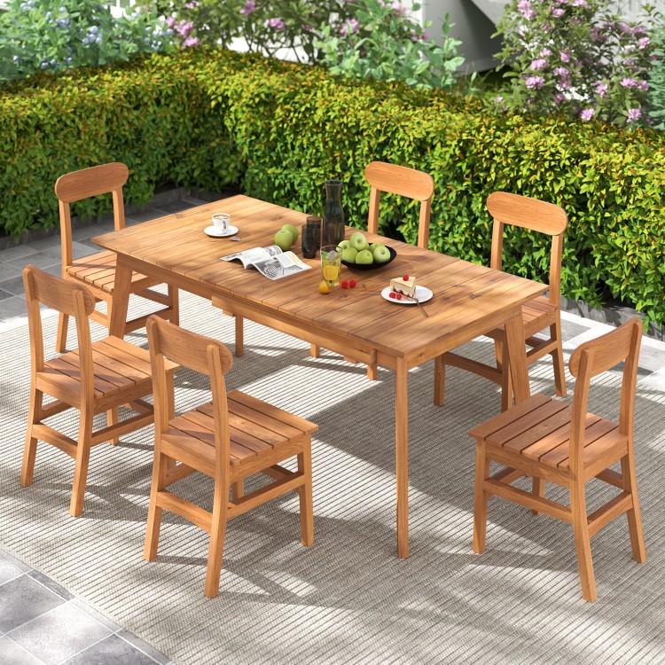 Extendable 71-94 inch teak wood dining table with slatted top, seating up to 8 people, ideal for outdoor gatherings.