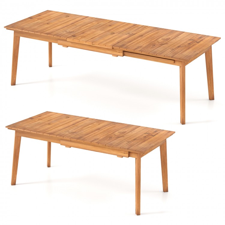 Extendable 71-94 inch patio dining table in slatted teak wood, seats 6-8, ideal for backyard or garden use.