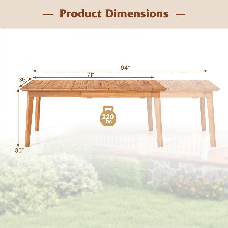 Extendable patio dining table measuring 71-94 inches, made of slatted teak wood, seats up to 8 people for outdoor use.