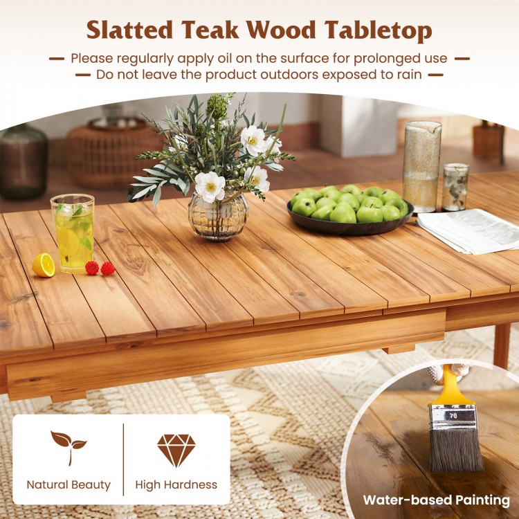 Slatted teak wood tabletop dining table, extendable for 6-8 people, perfect for backyard or garden use.