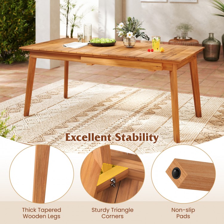 Patio extendable dining table with slatted teak wood, thick tapered legs, and non-slip pads for stability, seats 6-8.