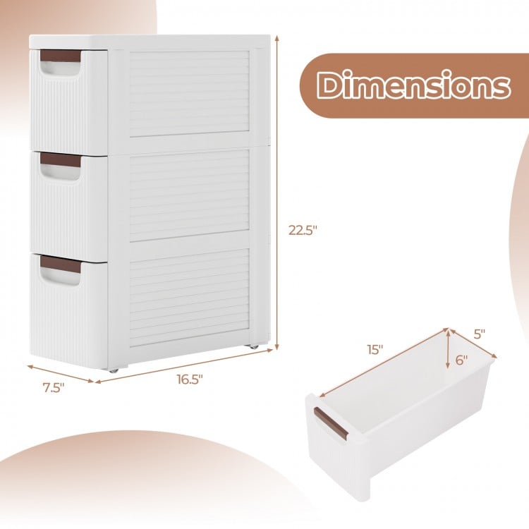3-drawer rolling storage cabinet in white, made of waterproof PP material, ideal for small spaces and easy organization.