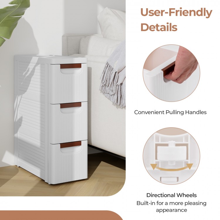 Three-drawer rolling organizer unit in white with convenient handles and built-in wheels, ideal for small spaces.