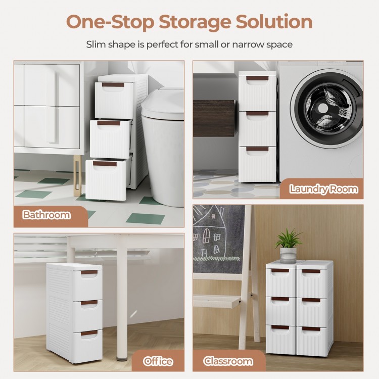 3-drawer rolling organizer unit in white, made of waterproof PP material, ideal for narrow spaces like bathrooms and.