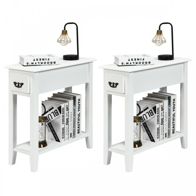 White 2-tier sofa side end table with drawer and open shelf, perfect for narrow spaces in living room or bedroom.