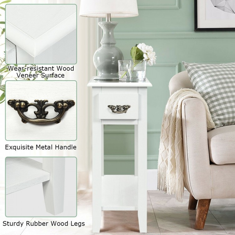 White 2-tier end table with drawer and open shelf, featuring rubber wood legs and a classic design for living room use.