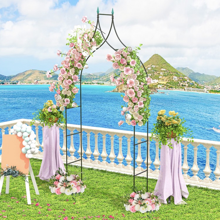 Decorative metal garden arch with floral arrangements, ideal for weddings and outdoor parties, featuring sturdy.