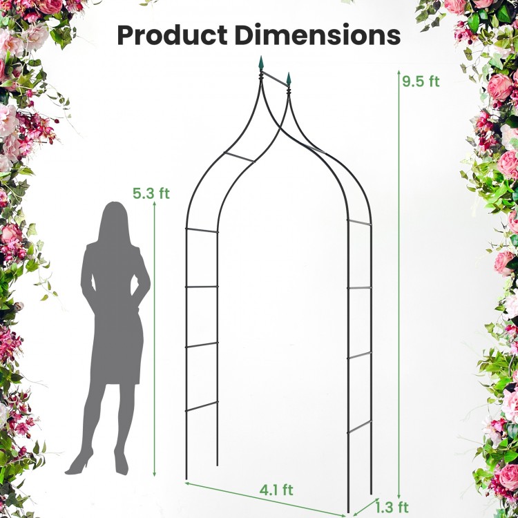 Decorative metal garden arch measuring 9.5 feet, featuring pointed arches, ideal for weddings and outdoor parties.