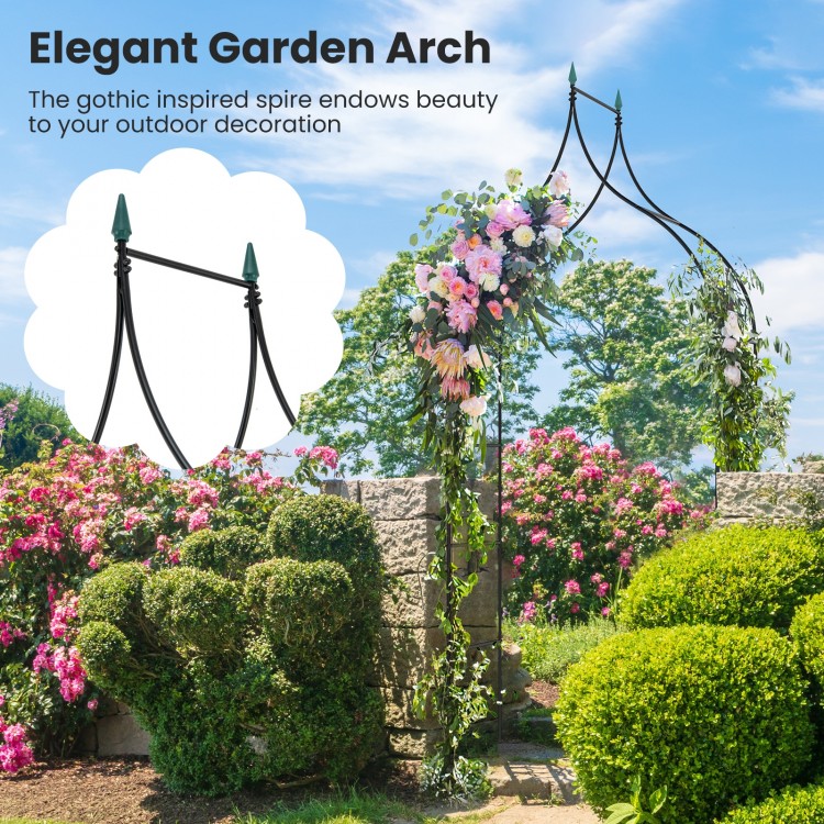Decorative metal garden arch with pointed arches, ideal for weddings and outdoor parties, featuring sturdy construction.